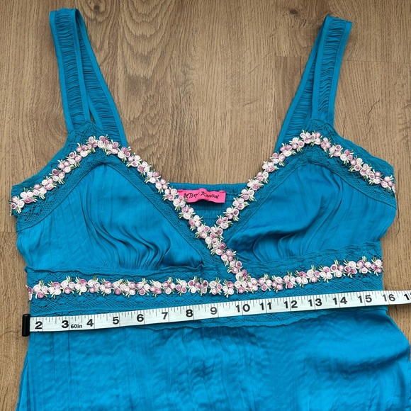 Betsey Johnson Teal Empire Waist Maxi Dress Floral Trim Size M - Picture 7 of 8
